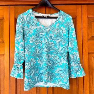 Sara Campbell Floral Paisley Top, Teal Blue White 3/4 Sleeve Nylon Stretch, M